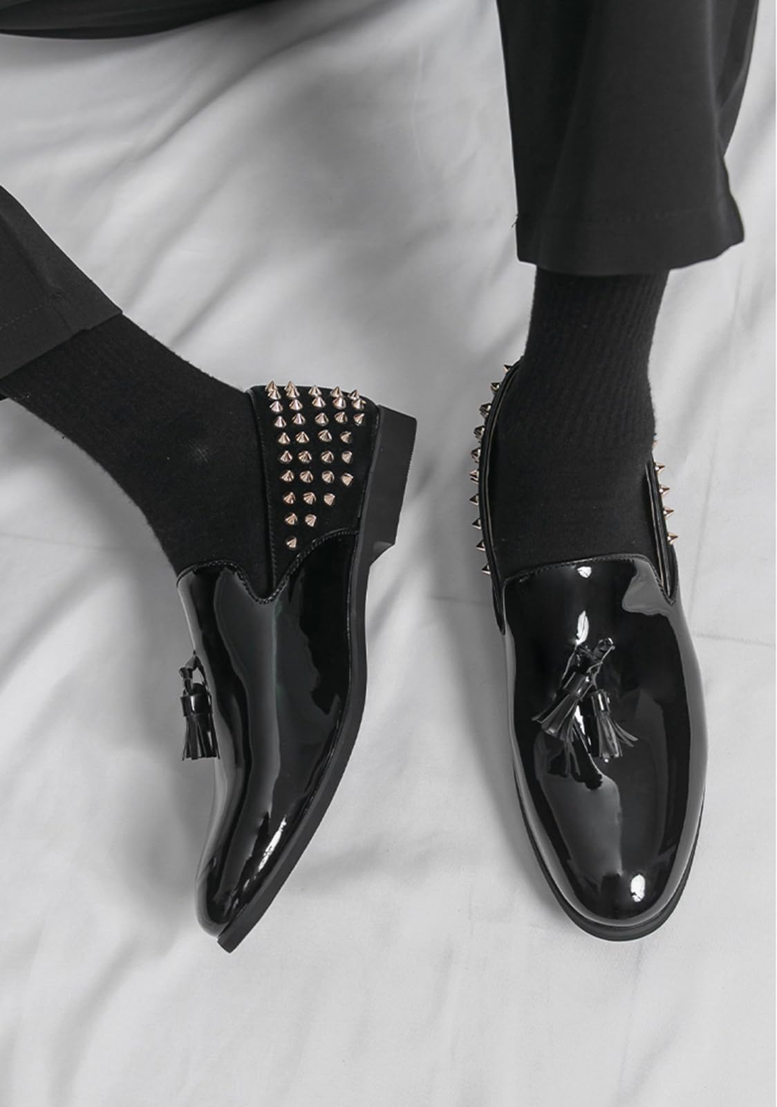 Mocasines con Borlas y Tachuelas para Hombre Zapatos de Vestir Charol PU para Boda Fiesta Gala