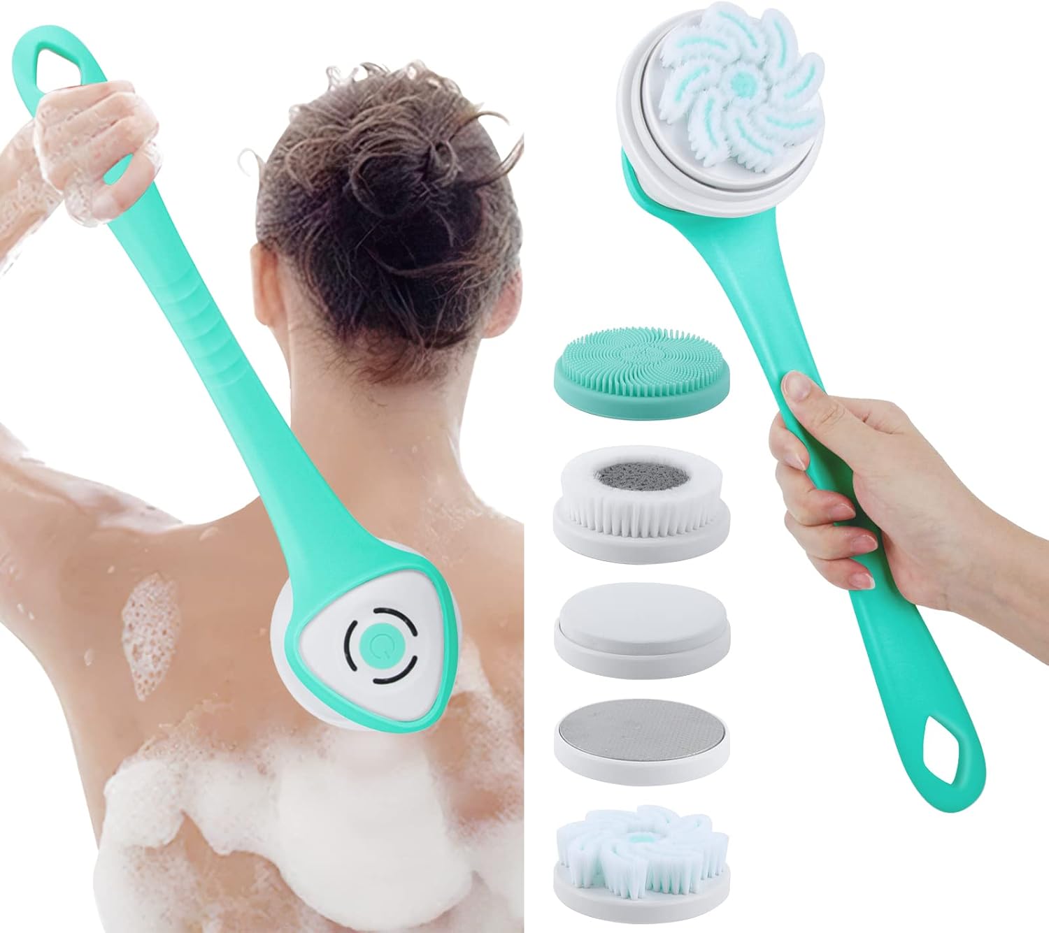 Electric Shower Body Brush, 5 in 1 Back Brush Long Handle for Shower Brush, Used for Body Cleaning Exfoliating Massage, Body Scrubber with 5 Rotating Brush Heads