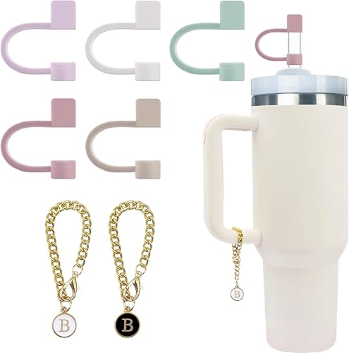 Miniatura 9 de 5 tapas de silicona para popote y 2 accesorios de dijes de letras, cadenas con letra inicial para vaso Stanley 20, 30, 40 onzas con asa