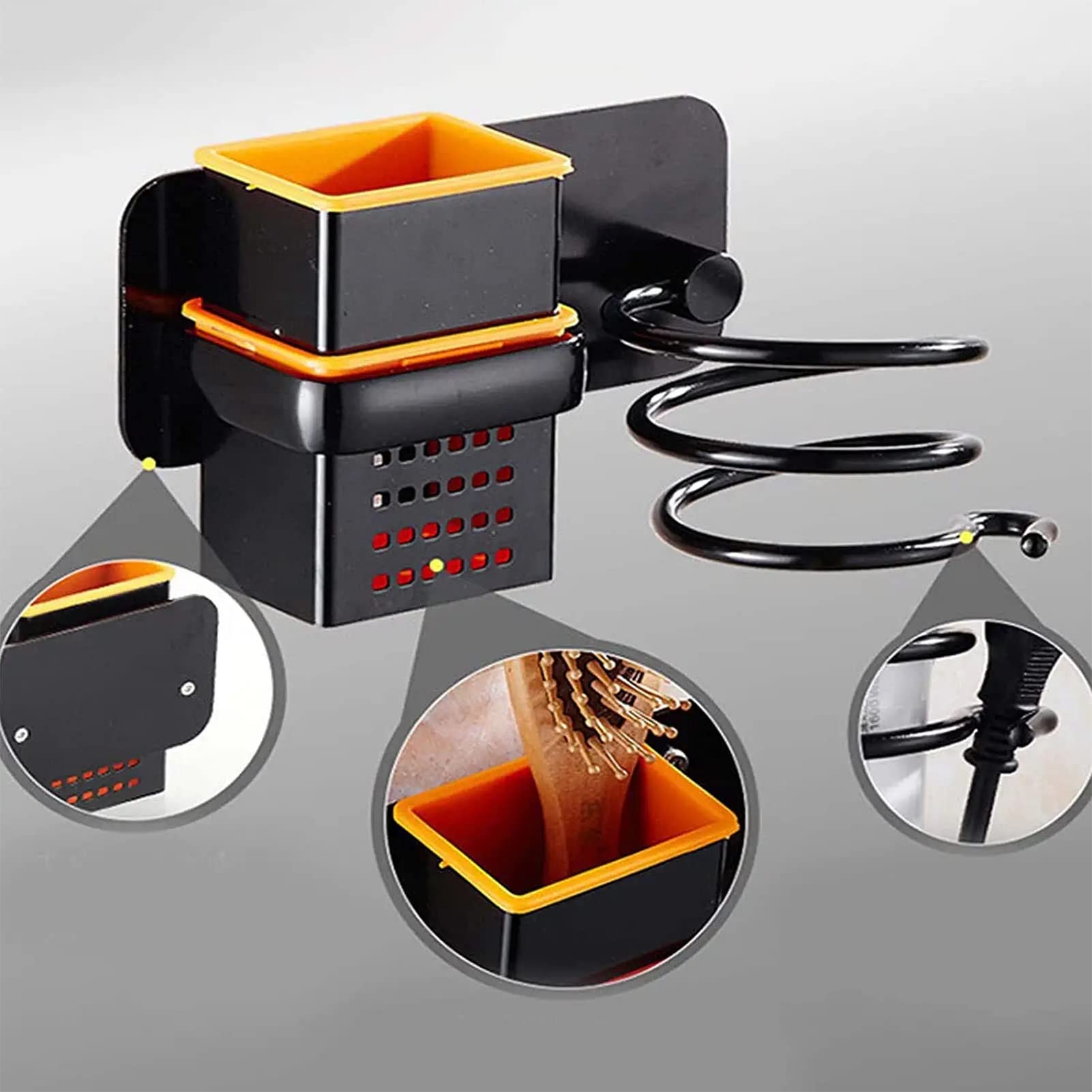 Soporte para secador de pelo montado en la pared, soporte de aluminio espacial, organizador de herramientas para el cabello para peines y clips