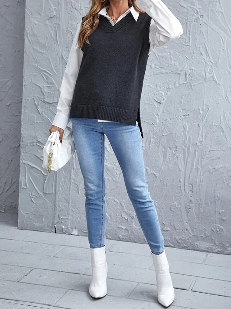 ORANDESIGNE Femmes Col en V sans Manches Couleur Unie à Carreaux en Tricot Gilet Tricots Décontracté en Tricot Débardeur Pull Filles Hiver Automne Style Preppy Argyle