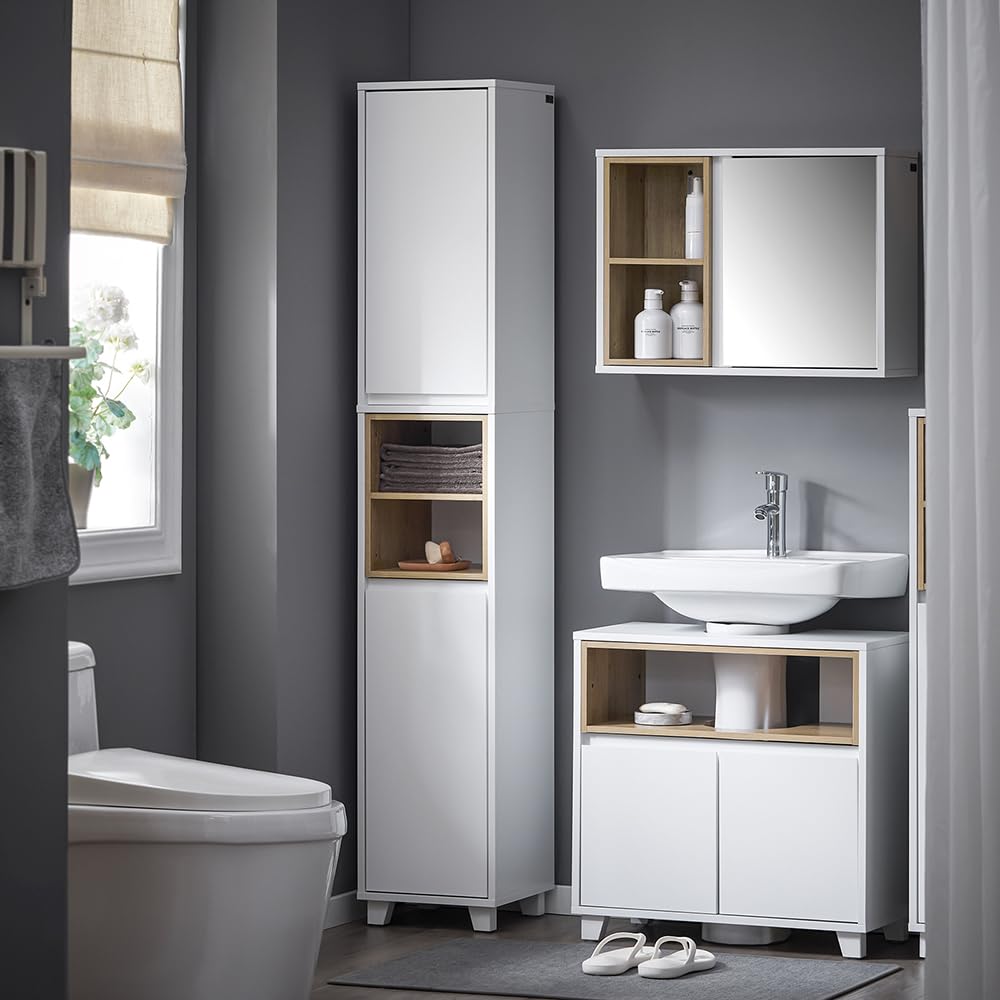 SoBuy Mueble Baño Estrecho con Puertas y Baldas Abiertas 30x170x30 cm | Armario Estrecho y Alto Blanca de MDF/PB Mueble Auxiliar Baño con Estantes Ajustables para Almacenaje BZR147-W