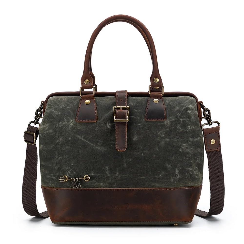Della Q 107029 Makers Satchel-Bolsa de Lona Hecha a Mano para proyectos de Punto o Ganchillo, Cuero Lienzo, Verde Oliva, 34cm x 30cm x 18cm
