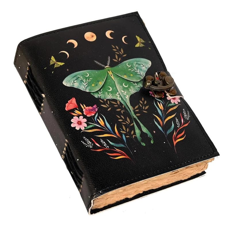 RusticVintage Vintage Handmade Blank Spell Book Of Shadows with Lock Clasp Luna Moths and Morpho Butterfly Print Journal Diary - Size 7 X 5 (200 Pages)