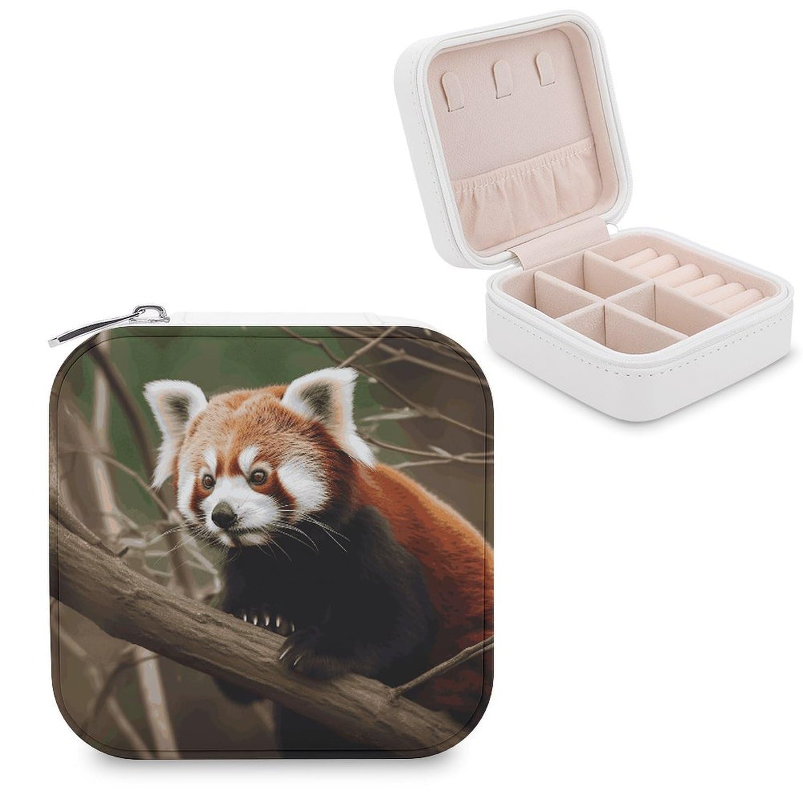 MUSM Red Panda on Tree Branch Travel Jewelry Case Personalized PU Leather Jewelry Boxes for Women Small Portable Jewelry Organizer Box Cute Trinket Box for Necklaces Rings Earrings & Gifts