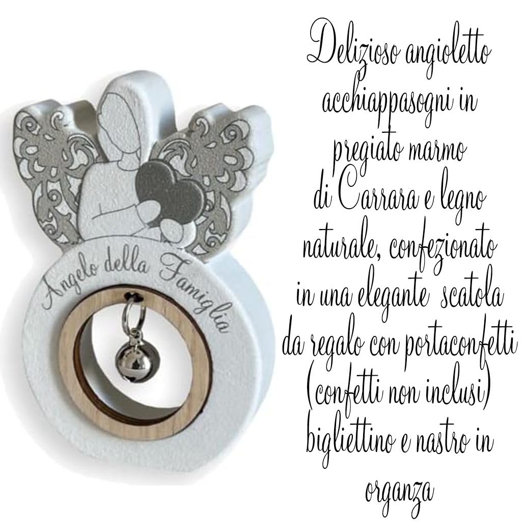 Regalami.Shop Set 4 bomboniere Angelo in Marmo di Carrara e Legno cm 11,5x7 comleto di Tutto (4 Pezzi fam)