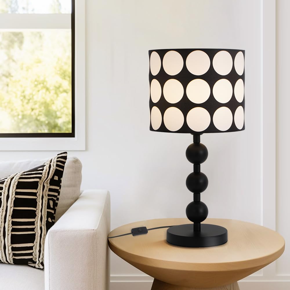 Lampada da Tavolo con Sfere Bianche e Nere, Paralume in Plastica con Motivo a Pois, Diametro 25 cm, Attacco E27, Lampadina non Inclusa