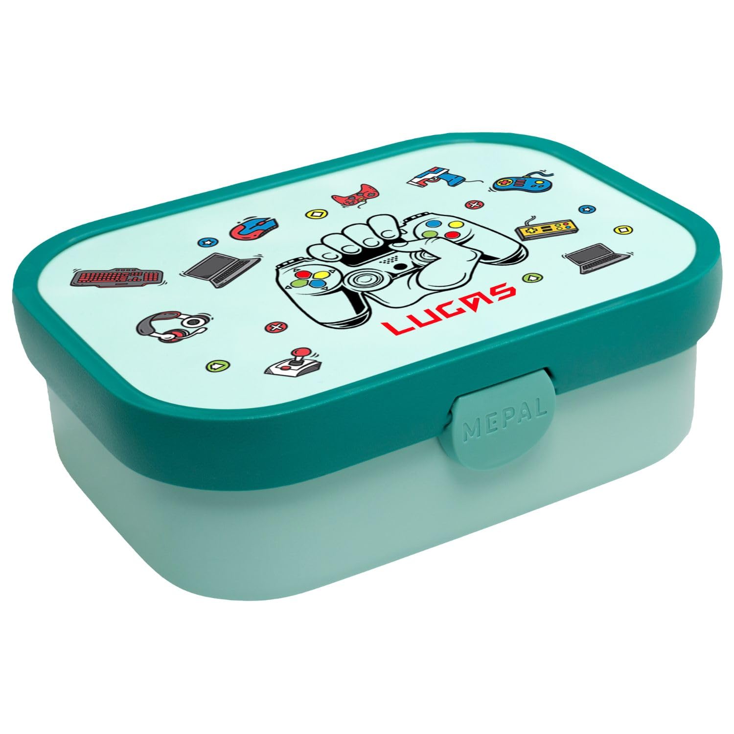 Ferocity Lunchbox Set für Kinder Jungen zur Schule Personalisiert mit Namen Brotdose Wasserflasche Trinkflasche BPA frei Essen für Unterwegs mit Gabel und Bento Fach To Go Gamer [153]