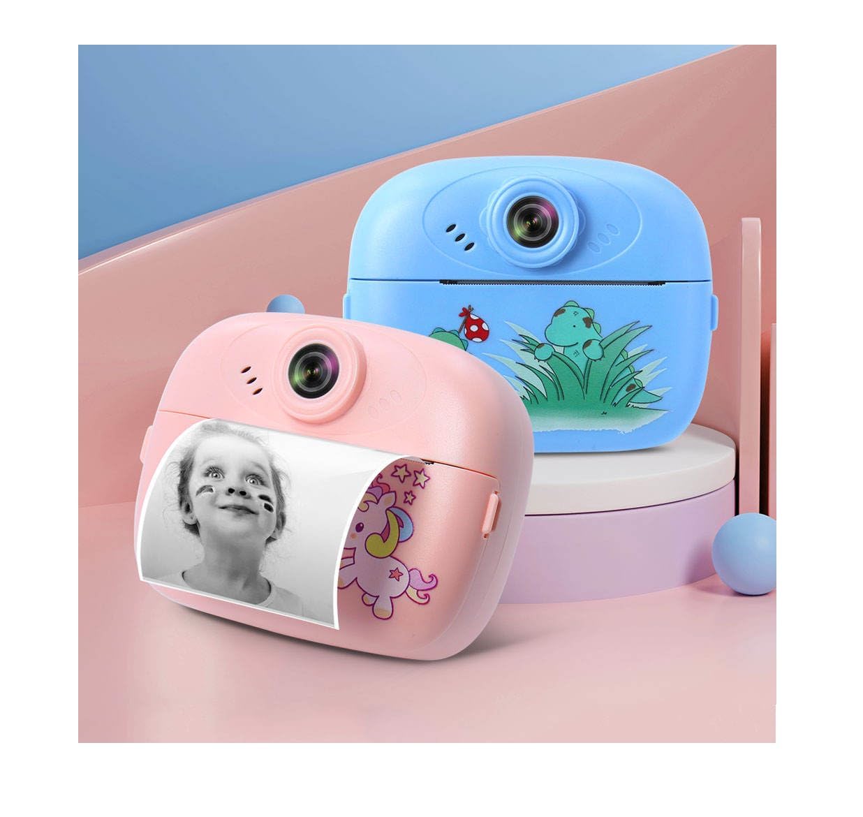 Kids Instant Print Camera with Built-in Printer, Digital Video Camera, One-Button Design, Display Screen, TF Card Slot, USB Charging, Includes Roll Paper and Random Color