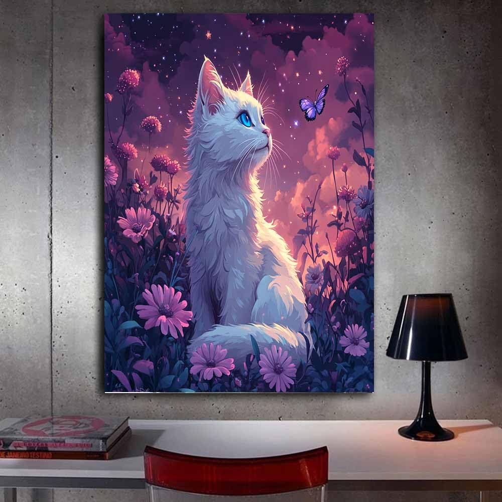 TERUEA Estampado Grande Gigante Imagen Para Animal blanco con mariposa campo estrellado Lienzos Decorativo Canvas Wall Art Decoracion Modernos Animales - Arte（Violeta-60x90cm1 Enmarcado