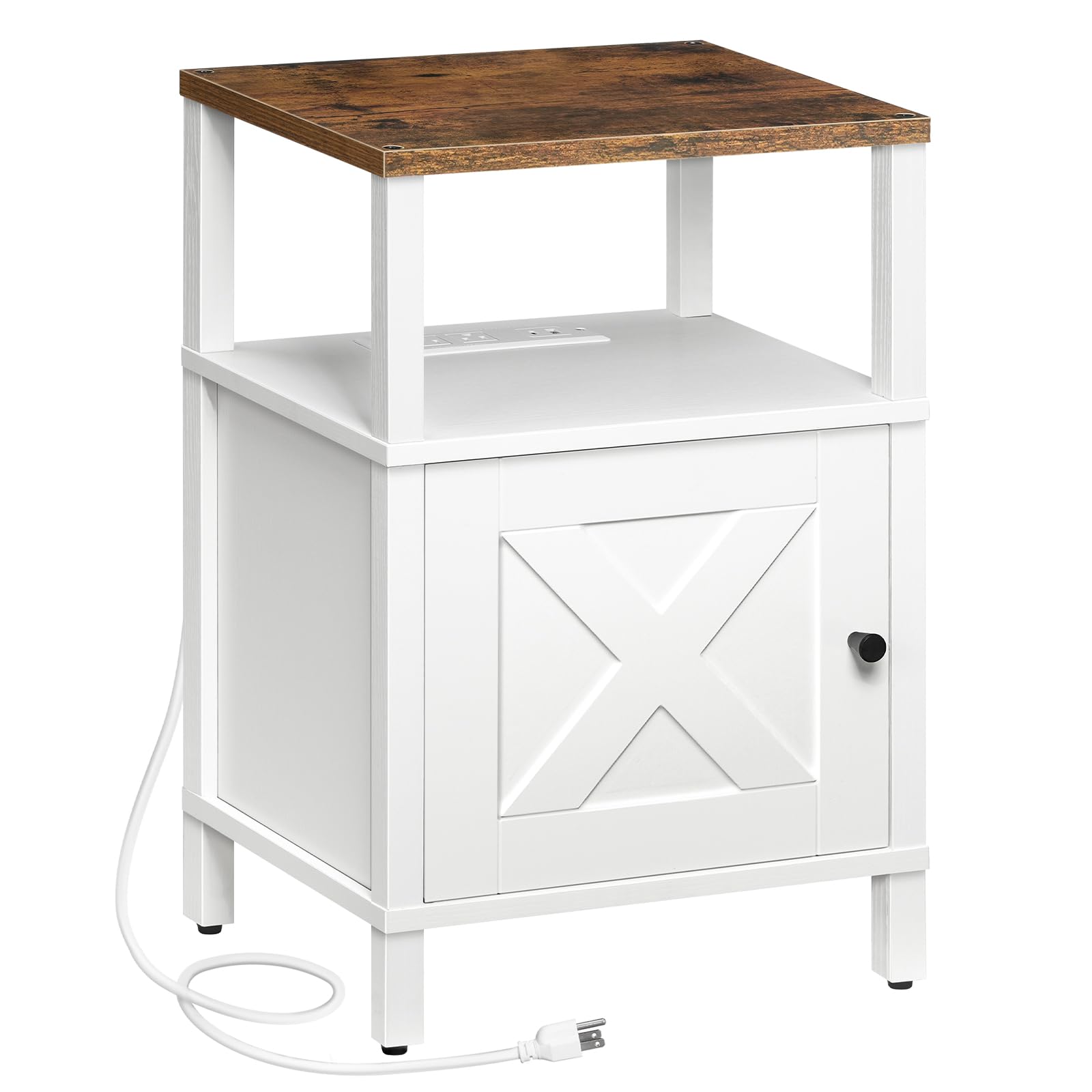 MAHANCRIS Farmhouse Nightstand with Charging Station, White Night Stand End Table with USB Ports