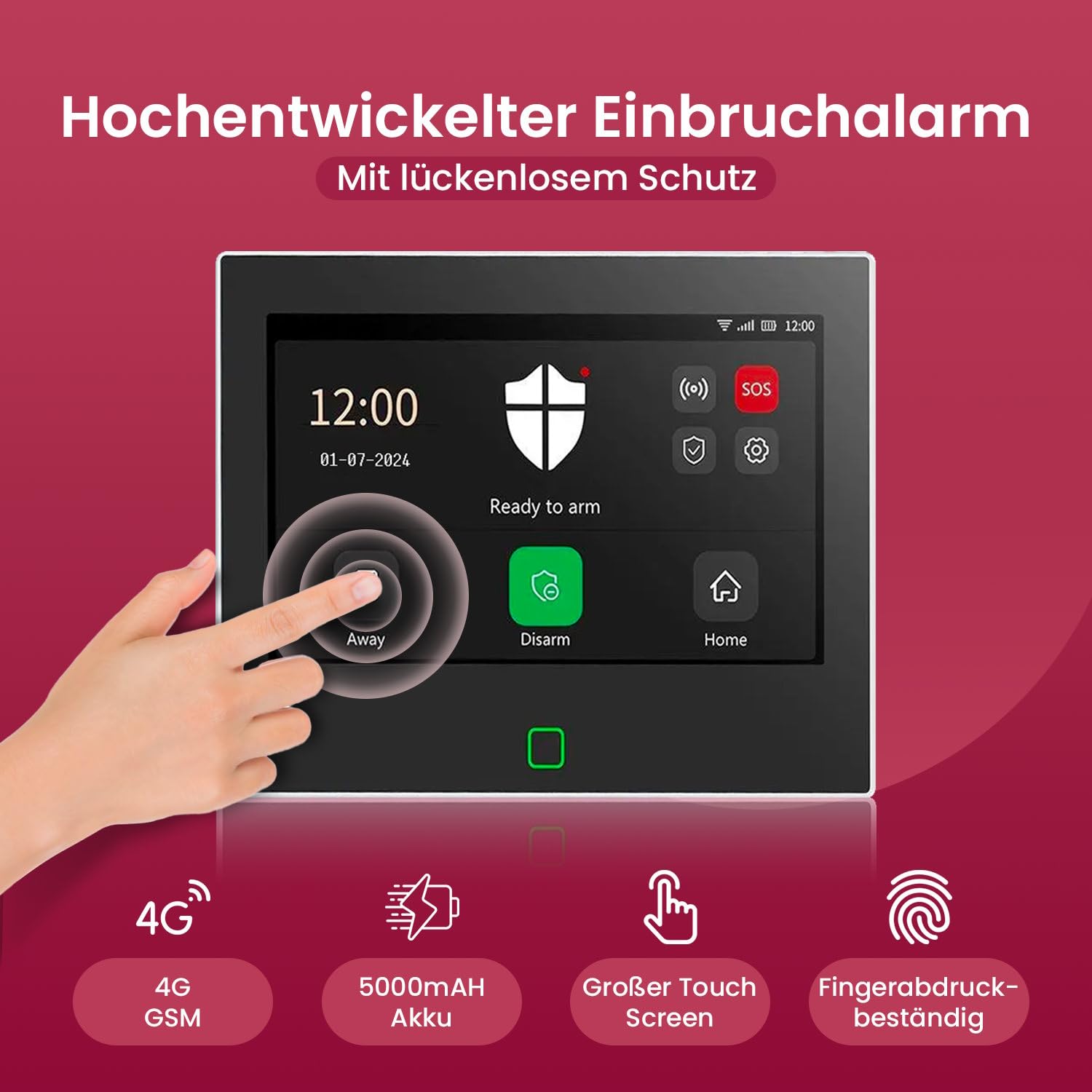 Funk Alarmanlage Haus WLAN und GSM 4G mit 7” Touchscreen und 5000 mAh Akku, Alarmanlage SMS Benachrichtigung, Alexa, Einbruch Alarm mit Tuya Smart Life App, Wasserleckdetektor, SQ7024B