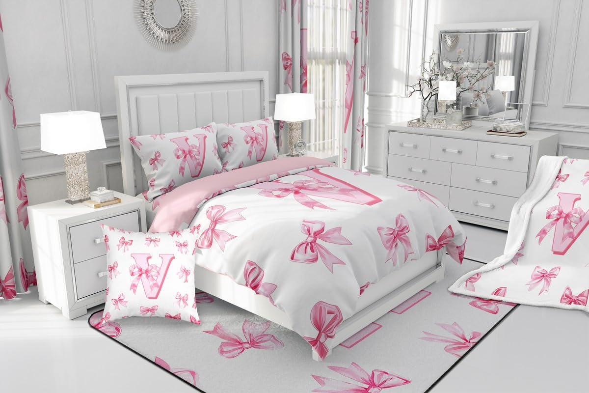 Erosebridal Initial Letter V Bow Bedding Set for Kids Girls Teen Women,Pink Girly Bowknot Comforter Set Full Cute Fantasy Princess Bedding Comforter Sets Kawaii Watercolor Bow Quilt Duvet
