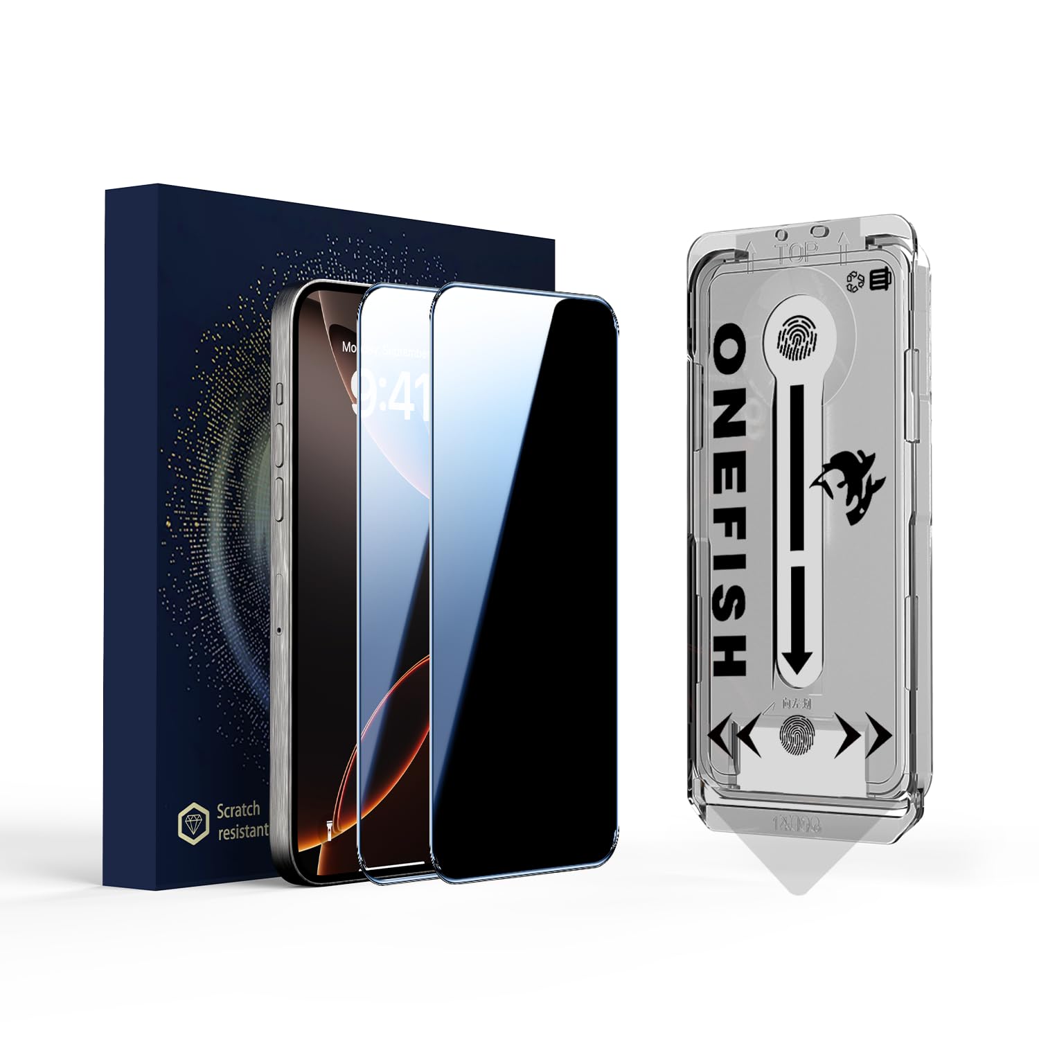 OneFish Privacy Screen Protector for iPhone 15 Pro Max, Full Edge Coverage 6.7" 15 Pro Max, Bubble Free, Easy Installation, Auto Dust-Elimination, 2