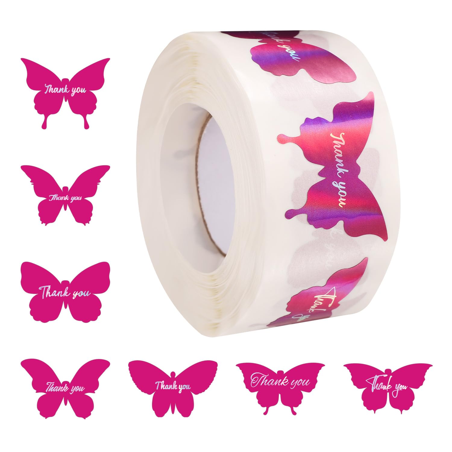 600pcs Solid Color Butterfly Thank You Stickers, 7 Designs Rainbow Foil Adhesive Labels for Envelope Seals Tags Small Business Handmade Crafts Wedding Party Favors