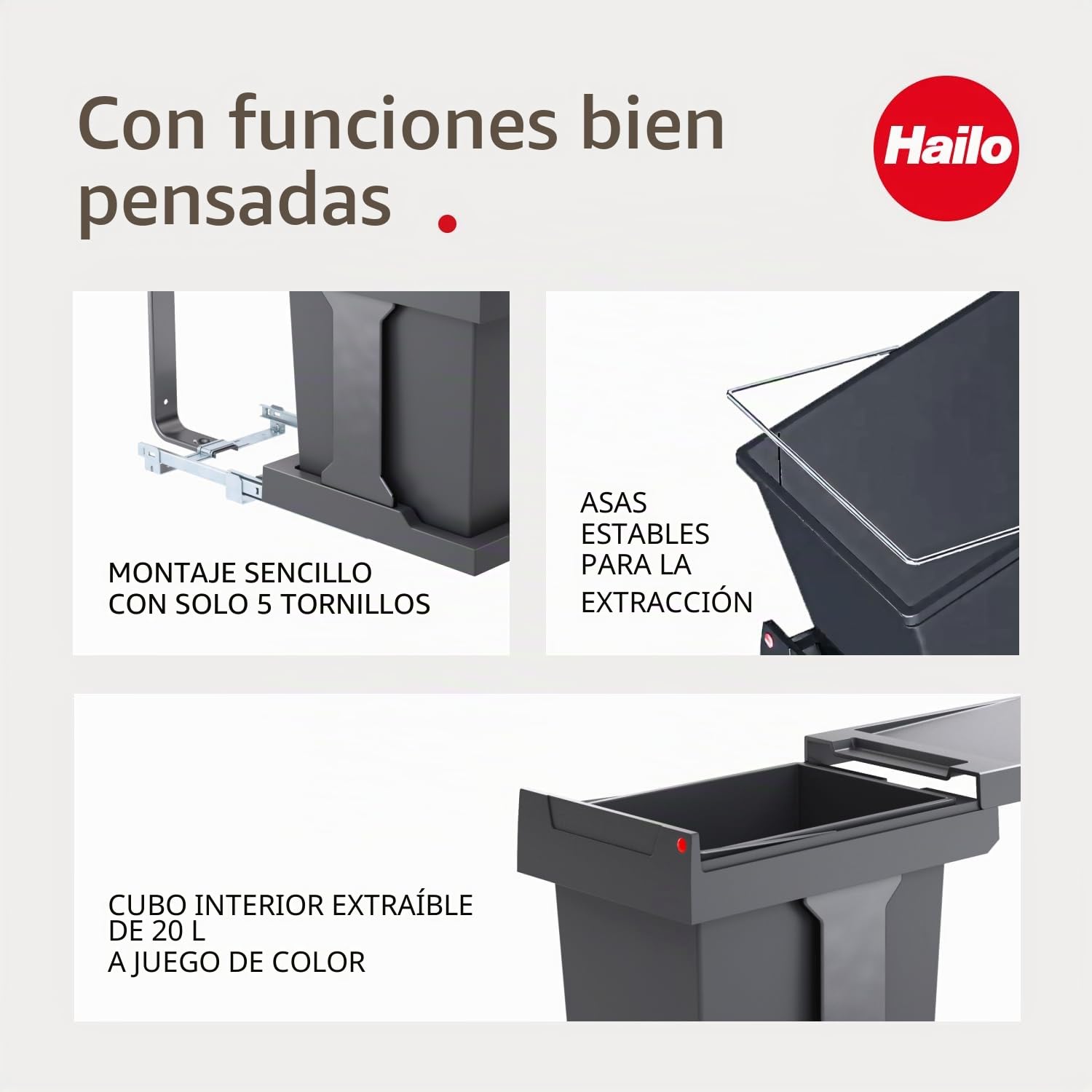 Hailo Cubo de basura 3635001, modelo Solo con extracción manual, cubo interior de 20 litros, para armarios a partir de 300 mm de ancho con puerta giratoria, color antracita | de ancho de mueble/cubo de basura/recolector de basura/cubo