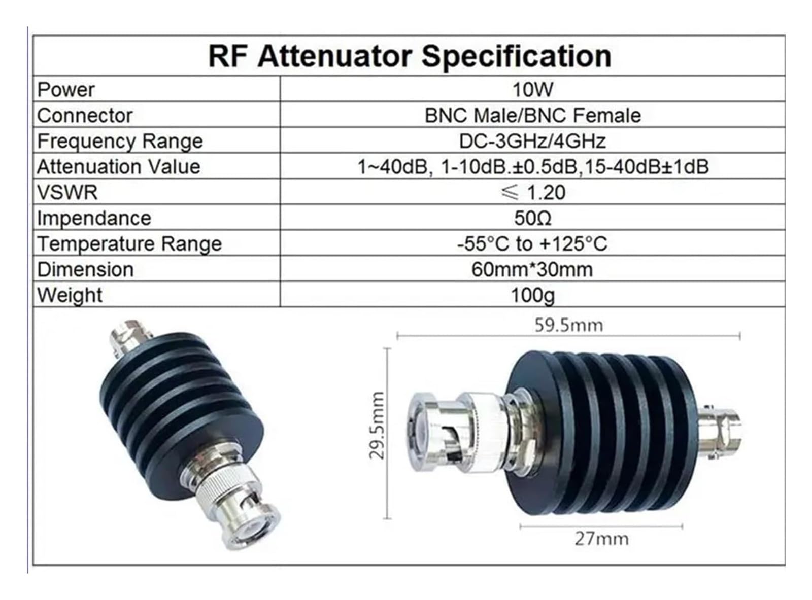 Attenuatore RF BNC-JK da 10 W, DC-3 GHZ/4 GHZ, 50 ohm 1 dB, 2 dB, 3 dB, 5 dB, 6 dB, 10 dB, 15 dB, 20 dB, 30 dB, 40 dB(10db,3G)