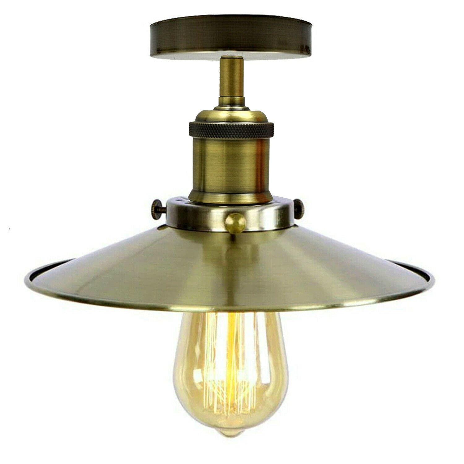 LEDSone Vintage Industrial Flush Mount Ceiling Light Lamp Metal 22cm Flat Lamp Shade Indoor Light Fitting for Restaurants Kitchen Bedroom (Green Brass, with Bulb)