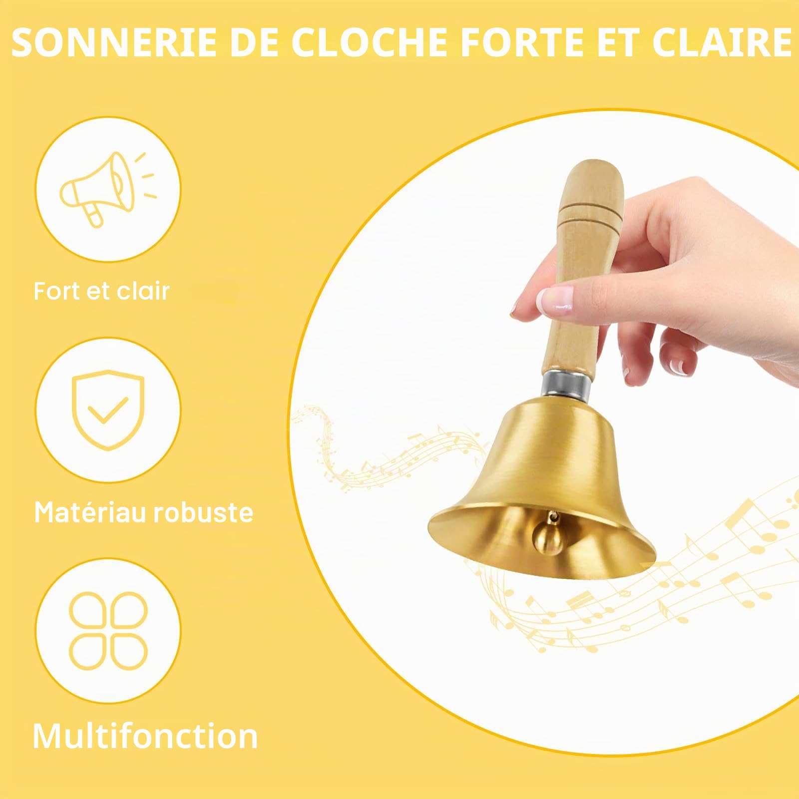 Cloche à Main Super Bruyante, Clochette à Main, Cloches en Métal avec Manche en Bois pour Personnes Âgées à la Maison, Mariage, Entraînement Animal, Bureau, Dîner, Méditation, Cours (15cm)