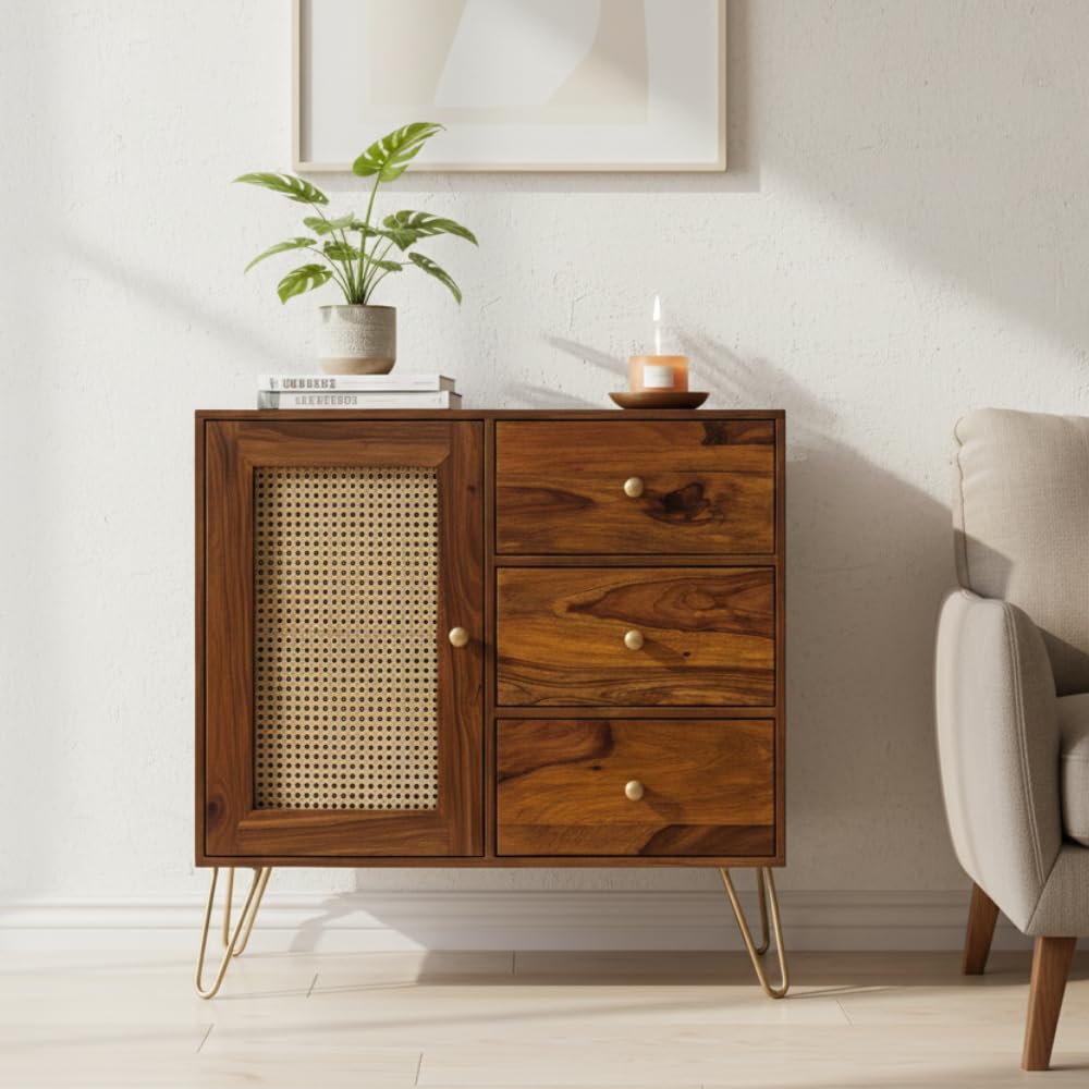 Suryavanshi Mango Solid Wood Sideboard Cabinet with Cane 1 Door & 3 Drawers, Color Brown, Solid Wood Sideboard Cabinet, Crockery Cabinet, 40D x 87W x 86H Centimeters-image-24
