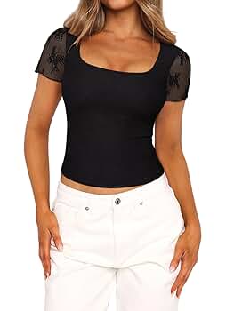 PINKMSTYLE Women's Square Neck Tops Cute Lace Double Lined