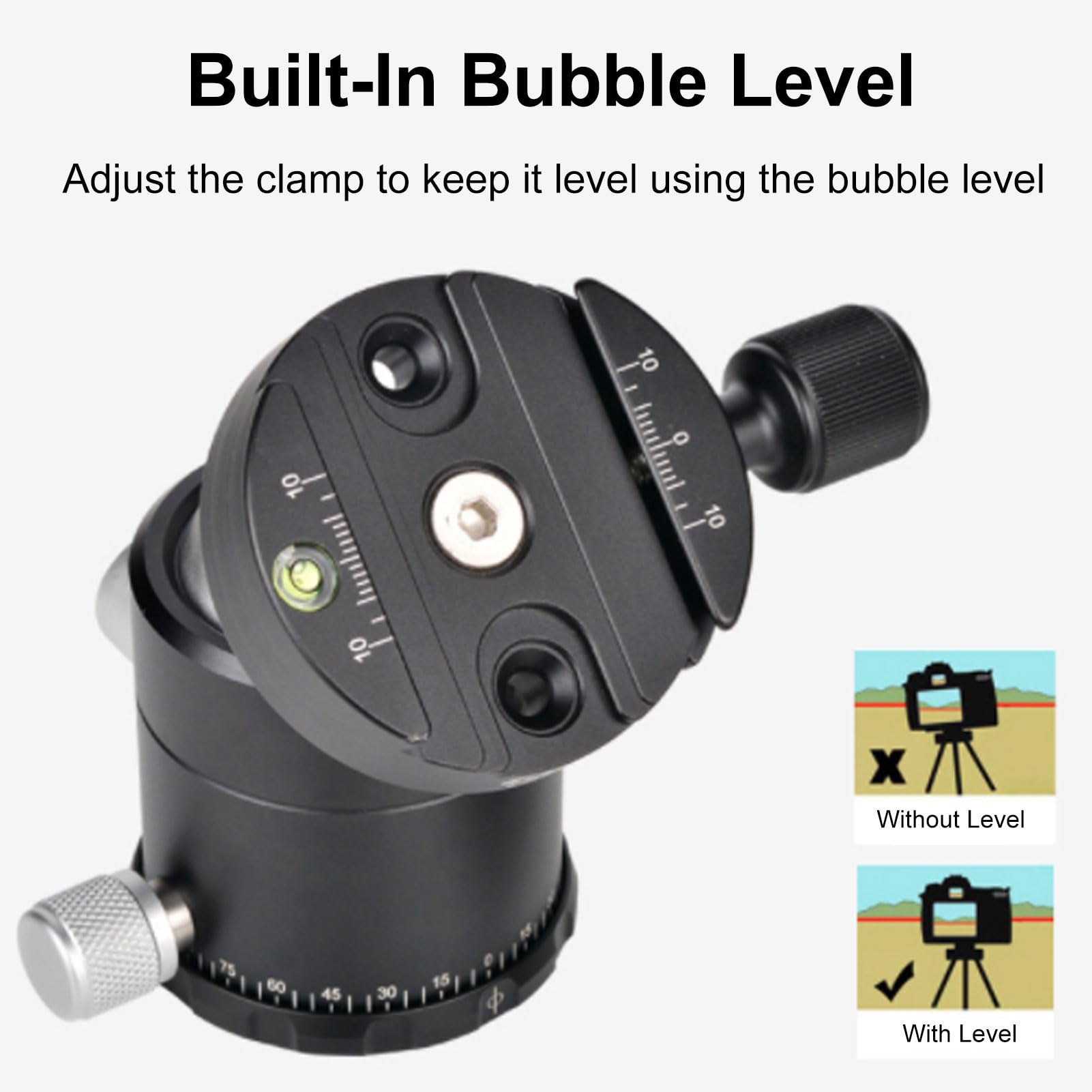 GOWENIC Testa a Sfera per Treppiede da 44 Mm, Testa a Sfera per Montaggio su Treppiede Panoramico per Fotocamera e Base Doppia Filettata con Piastra QR e Livella a Bolla, per Monopiede