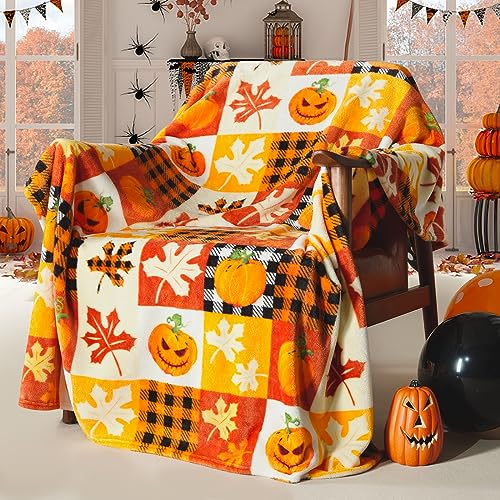 ROMROL Halloween Fleece Throw Blanket, Pumpkin, Leaves Fall Plaid Blanket, Soft Fuzzy Plush for Couch Sofa or Bed, Luxury Flannel Lap Blanket, for Kids, Adults, Wife, Self (50" x 60")
