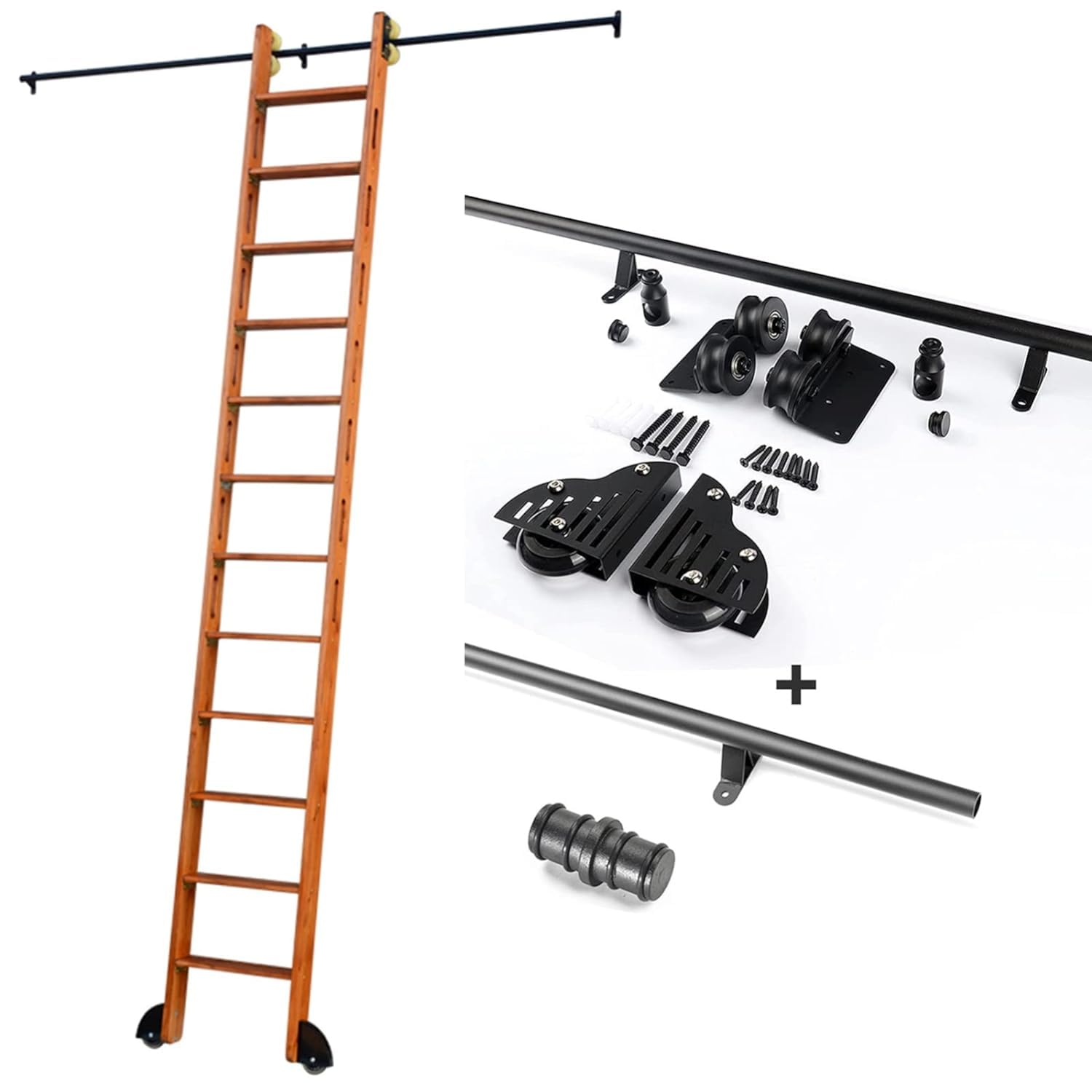 Rollleiter-Hardware-Bibliothekssystemschiene – 3,3 bis 20 Fuß langes Schiebetür-Set für Haus/Innenbereich/Dachboden – runde Rohr-Mobilleiterschienen (ohne Leiter)
