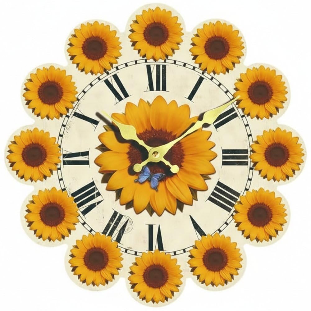 Horloge murale tournesol en bois effet 2D pour salon et cuisine