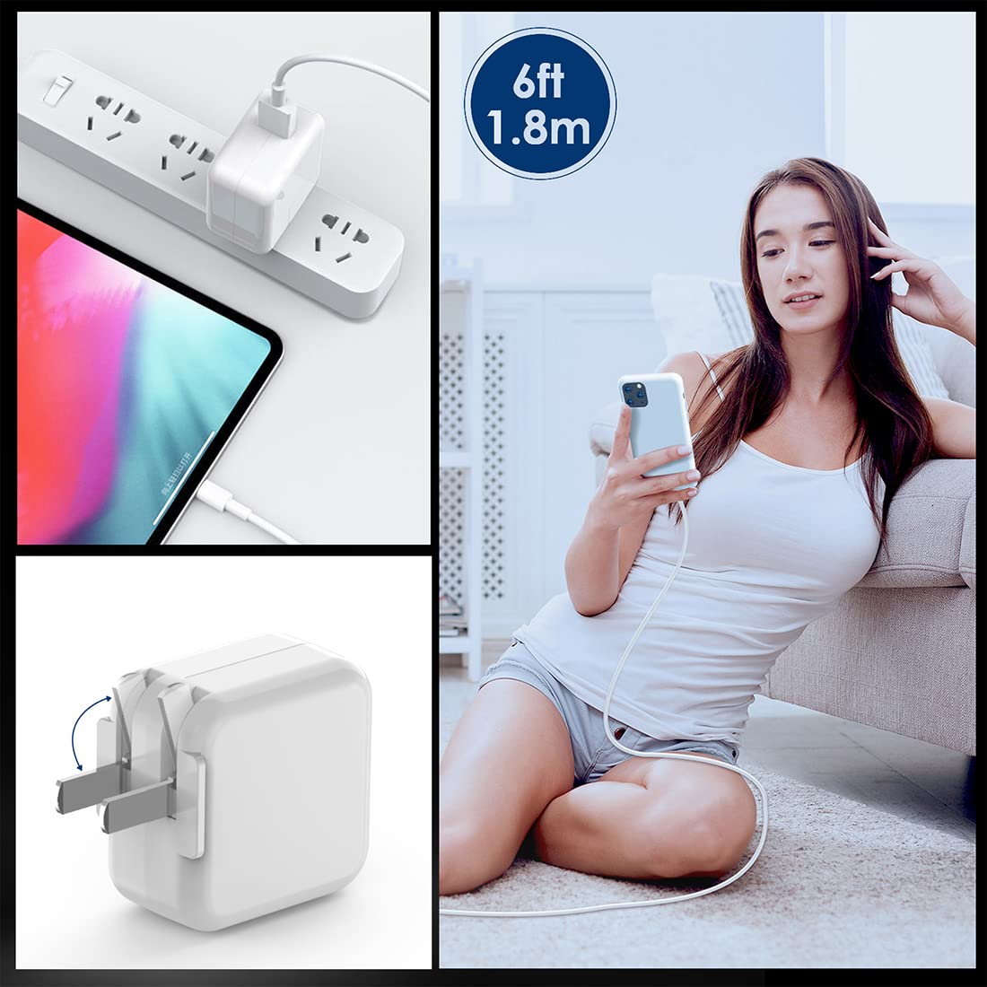 Cargador para iPad iPhone [certificado Apple MFi] Cargador de pared USB de carga rápida de 12 W, enchufe de viaje plegable po
