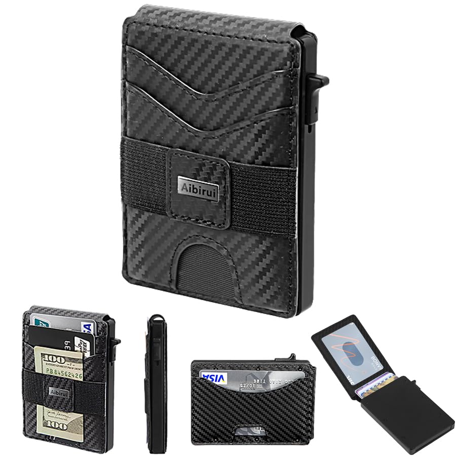Aibirui Minimalist Wallet for Men with Money Clip,Slim-Business Card Case,Carbon Fiber Slots Credit Card Holder RFID Blocking Bifold Pop Up Wallet