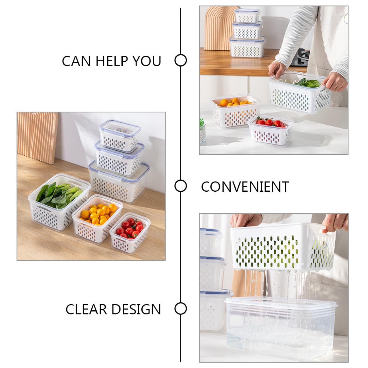 SHINEOFI Contenedores de Alimentos Rectangulares 3 Piezas Transparentes con Tapa y Cesta Escurridora Desmontable para Refrigerador, Cajas Herméticas para Frutas y Verduras, Almacenamiento