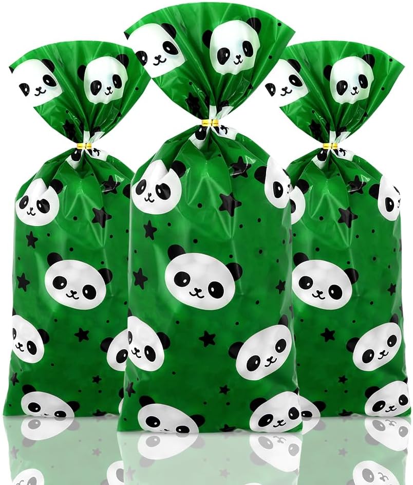 Winterworm Panda Candy Bags Cellophane Treat Bags Green with Panda Goodie Bags Party Favor Gift Bags Panda Themed Kindergarten School Bag for Kids Birthday Baby Showers Weddings Party Supplies