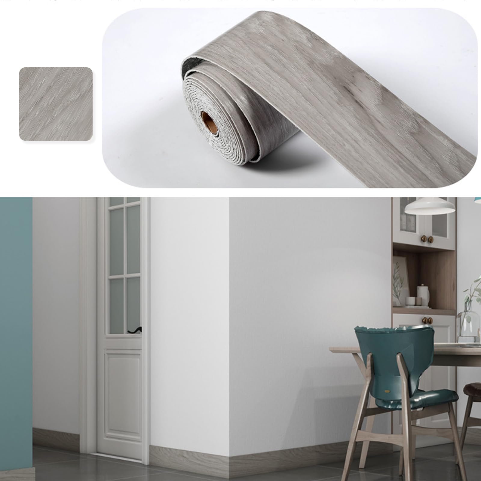 10cmx10m Rodapié Flexible Autoadhesivo, Blando Rodapie PVC Impermeable Brillante Zócalo Suave Borde de Papel Pintado Decoración (Grano de Madera Gris)