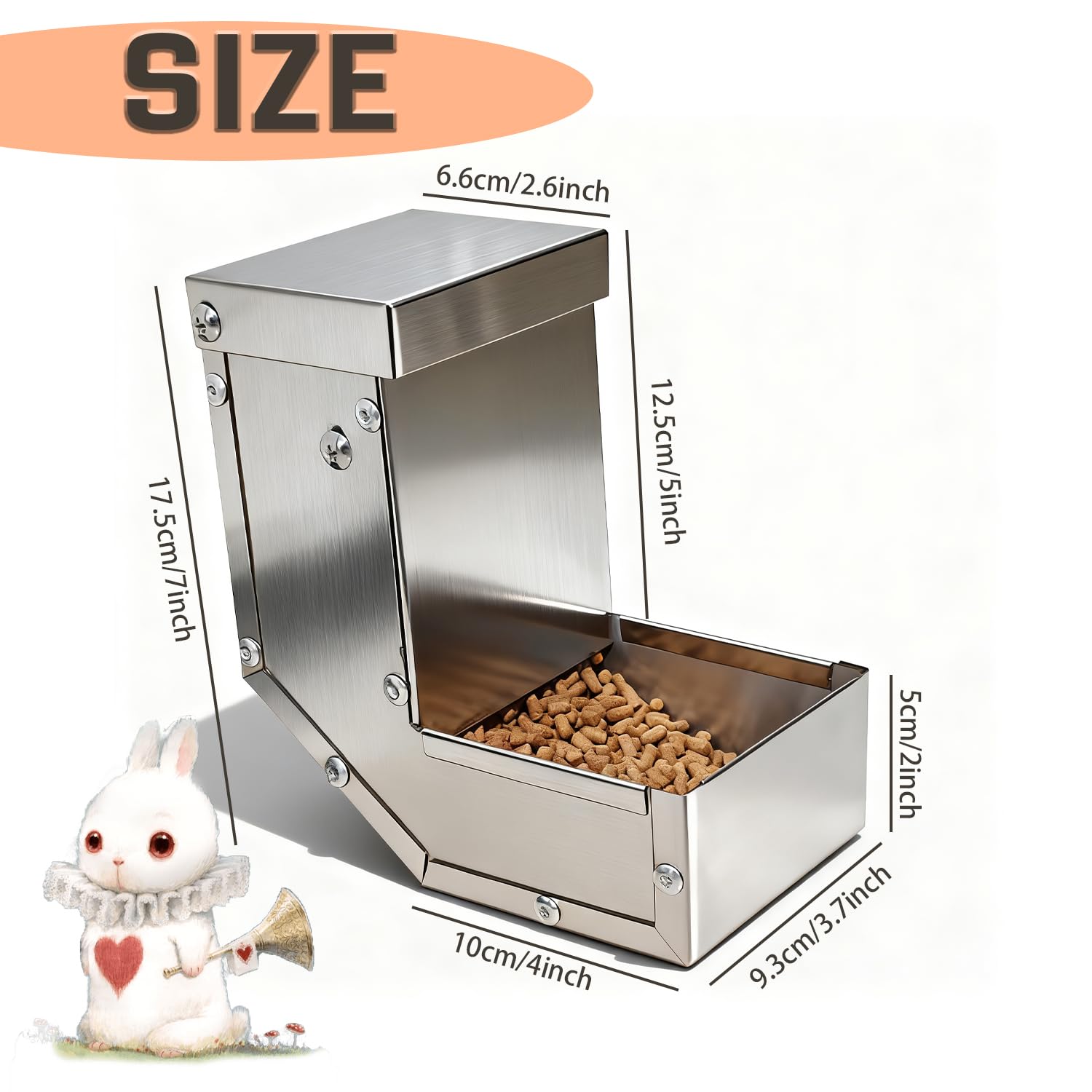 Outdoor Small Animal Stainless Steel Gravity Feeding Trough Pet Feeder Durable with Lid Cage Rabbit Feeder Holds Several Days Worth of Food (4 Inch