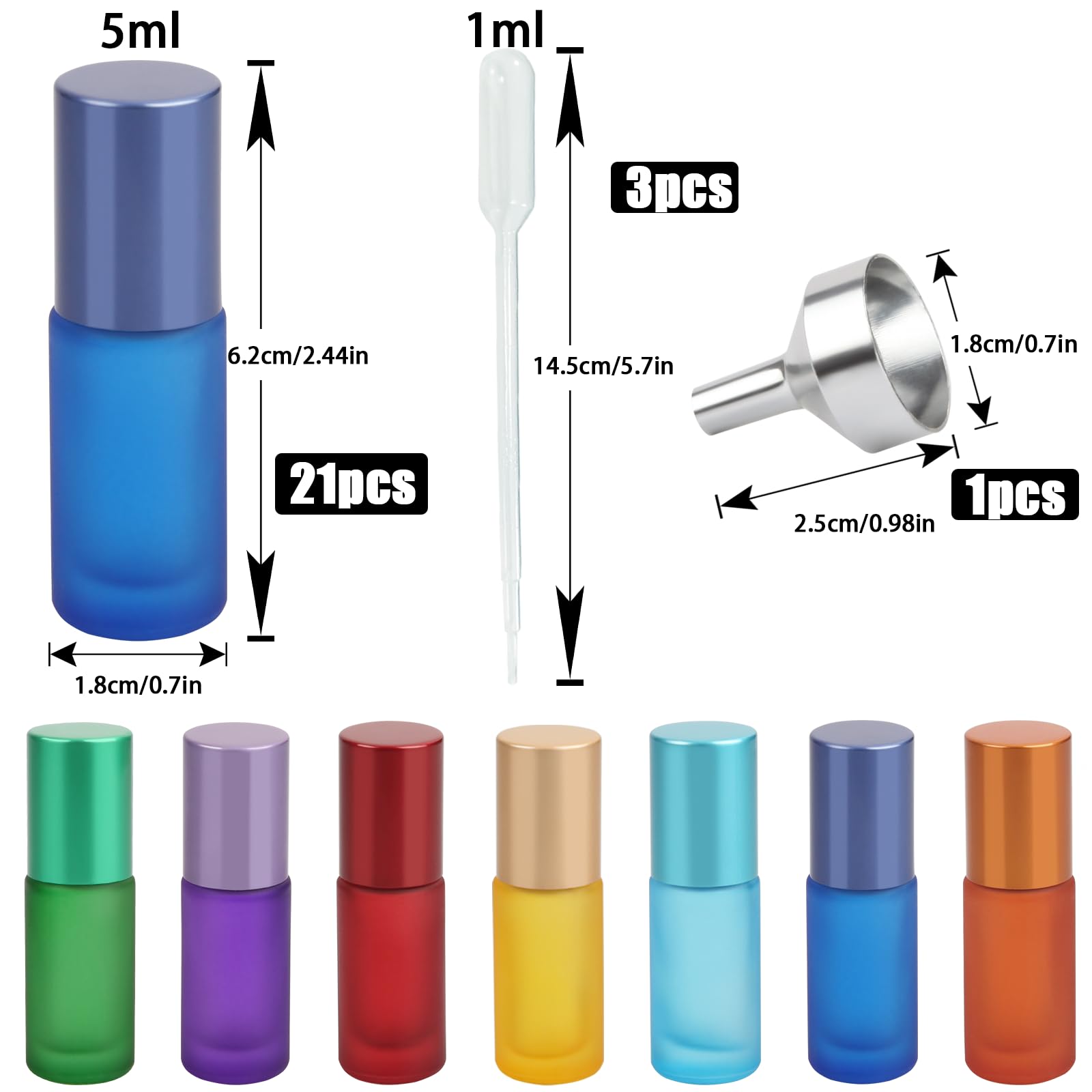 DKBT Bottiglie Ricaricabili 21 Pezzi Colorate Roll on Oli Essenziali 5ml Smerigliato Contenitori Roll on in Vetro con Sfera di Metallo per Oli Essenziali, Aromaterapia, Profumi