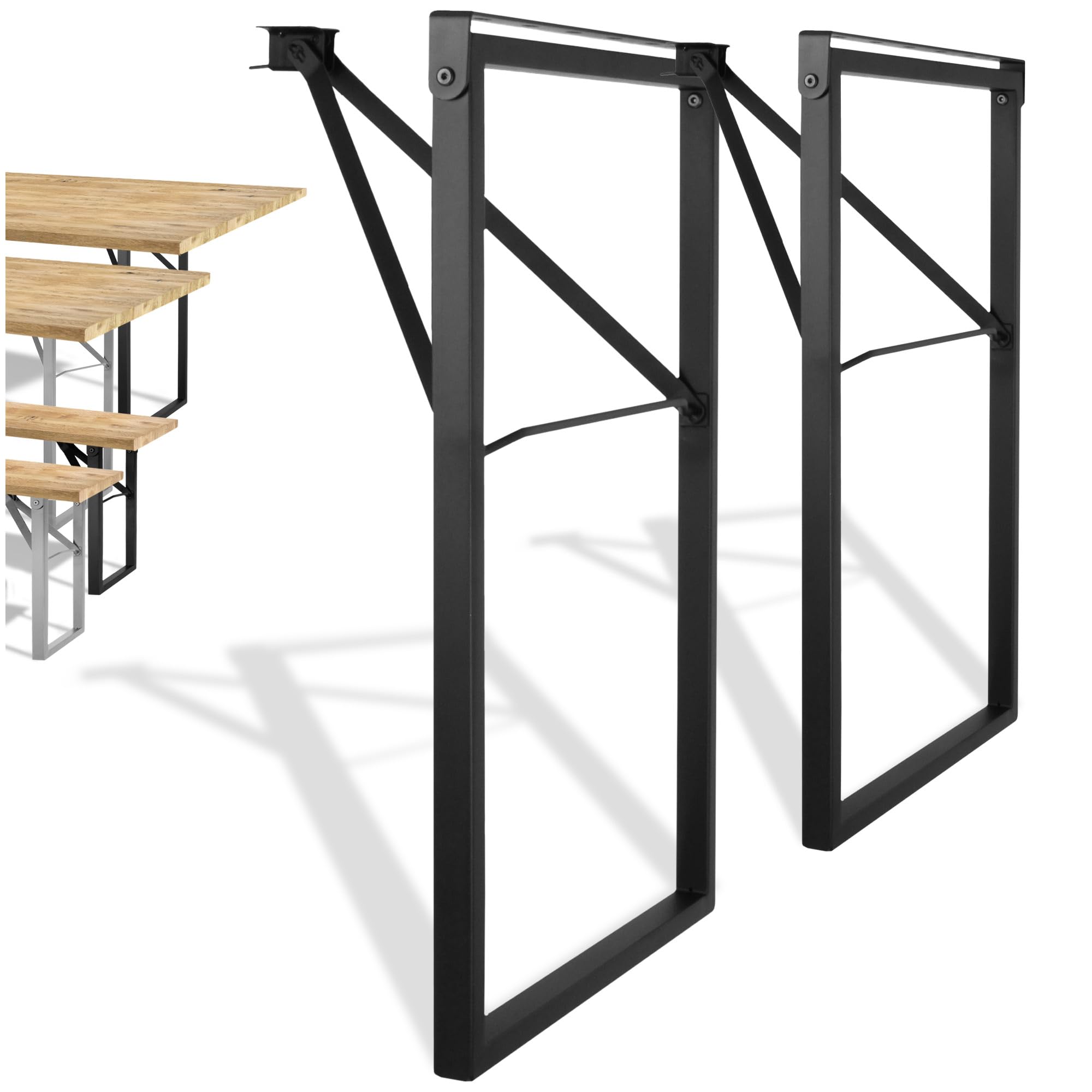 Natural Goods Berlin Juego de 2 mesas de jardín, estructura plegable (negro, 70 x 42 cm), patas de mesa de metal en perfil de caja para muebles de carpas de cerveza, estructura estable para jardín,