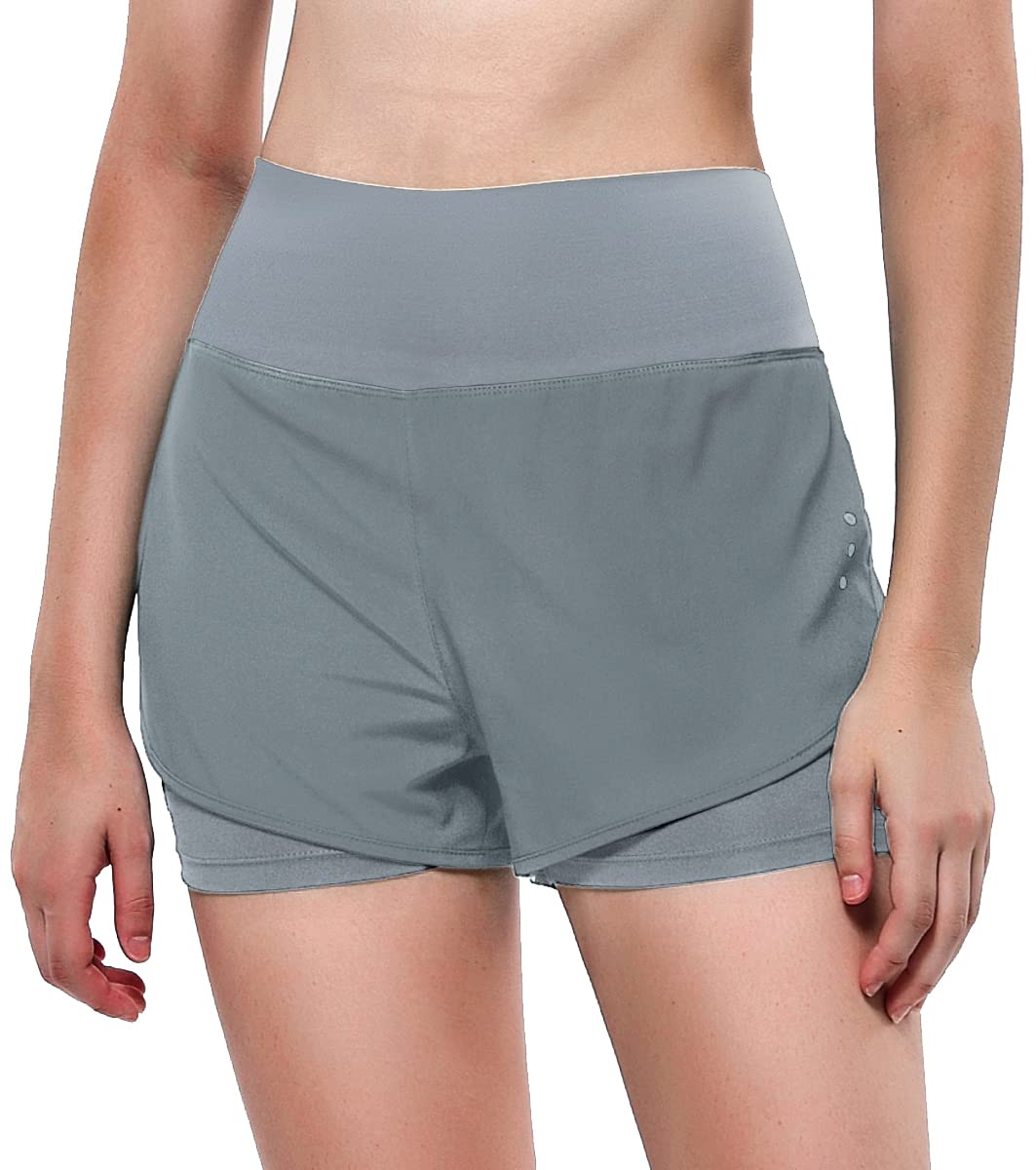 VIGVAN 2 in 1 Laufhose Damen Sport Shorts Sommer Kurze Hose Schnelltrocknend Fitness Yoga Shorts Gym Jogging Training Sporthose für Damen mit Taschen (GY, M)