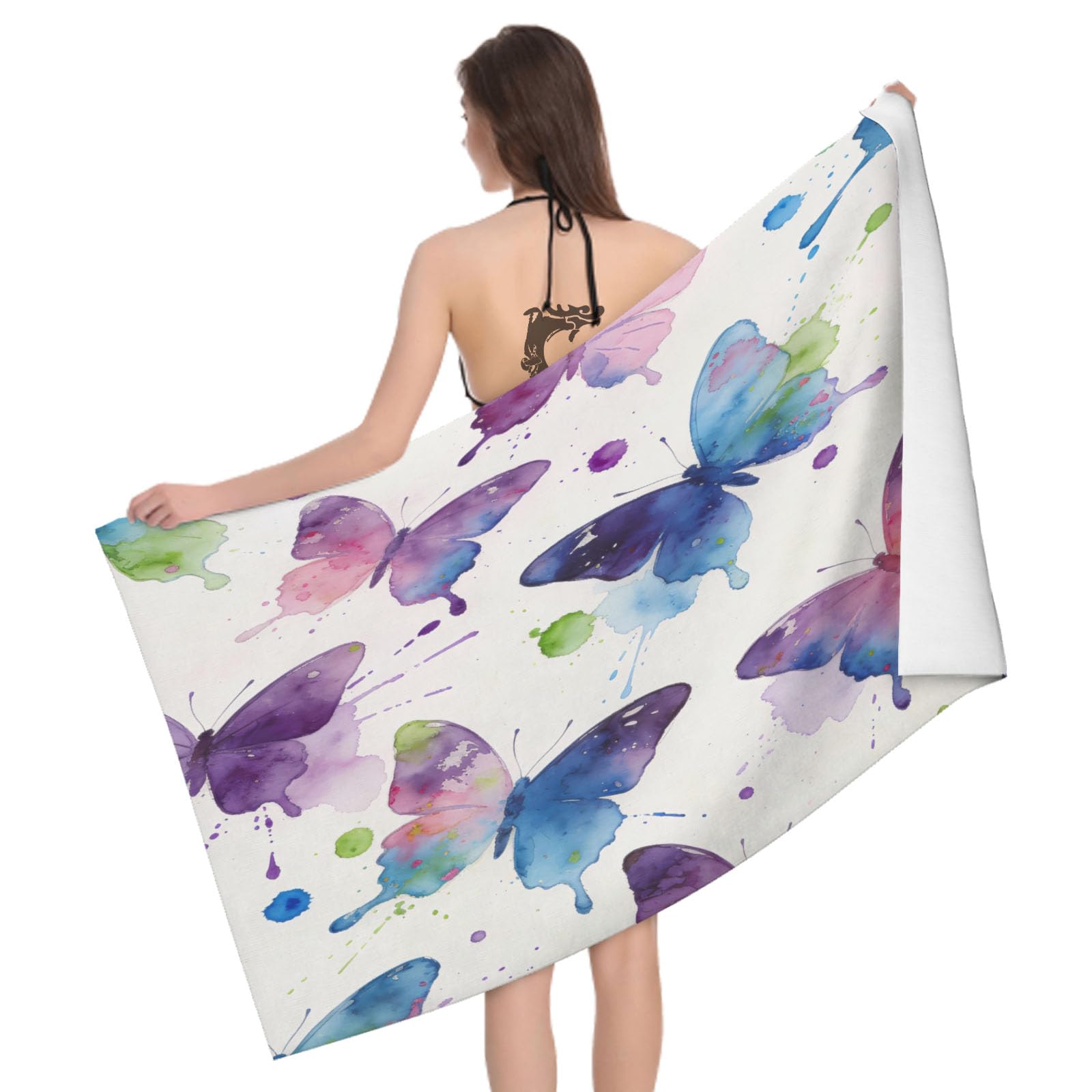 Leichong 3D Watercolor Butterfly Beach Towel Microfiber Soft Quick Dry for Adults, Colorful Butterfly Bath Towel Lightweight Soft Absorbent for Travel Swimming Pool Sports, 75 x 150 cm