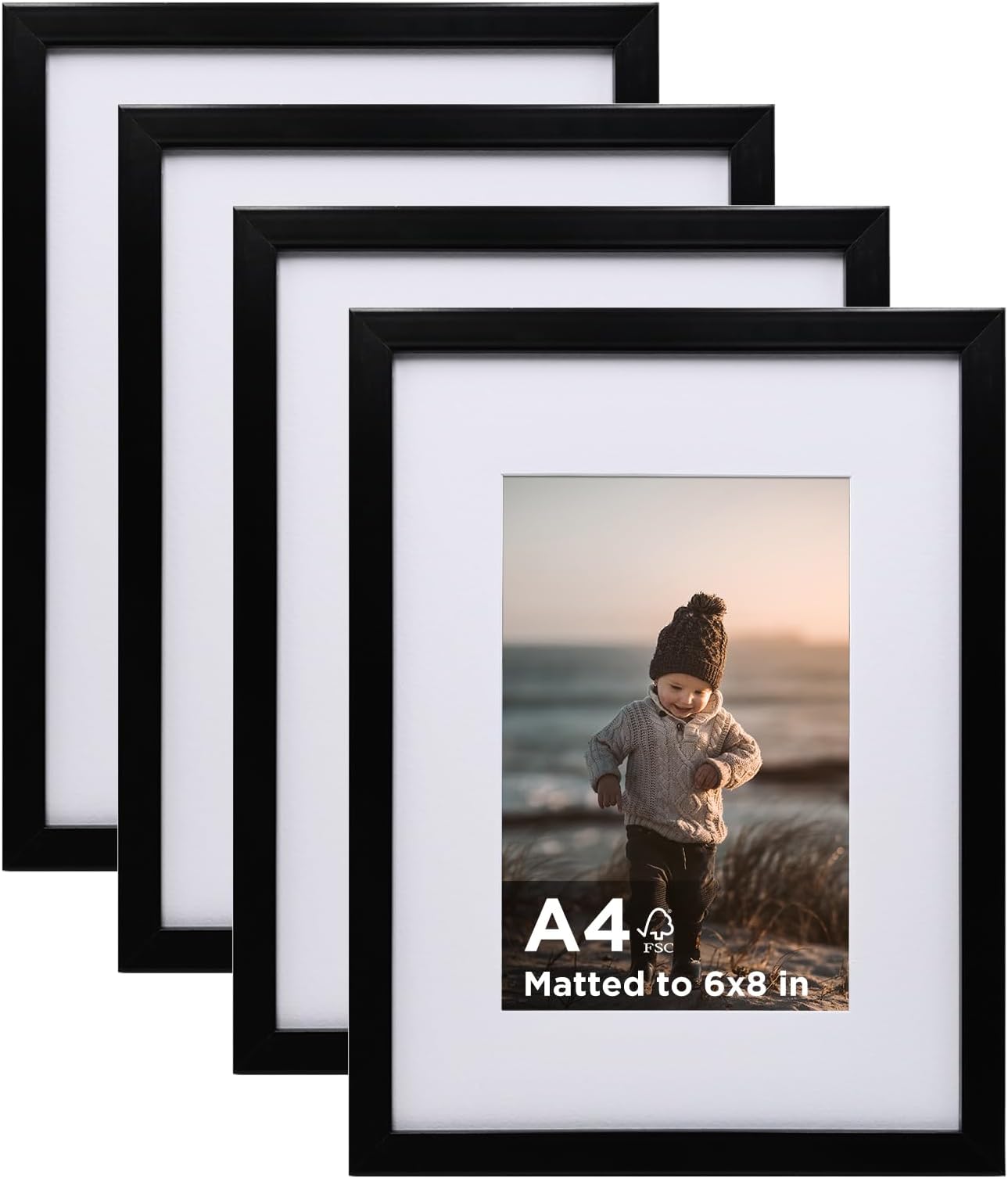 KINLINK A4 Frame Set of 4, Wooden 8.3 x 11.7 Frame with Plexiglass for A5 Picture with Mat or A4 Without Mat, for Wall and Tabletop Display Diploma Certificate Degree, a4 Picture Frames BlackThe Forest Stewardship Council