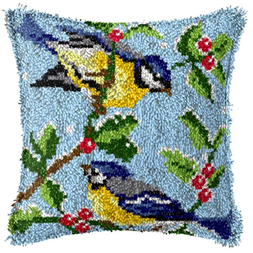 Image of Howie's Latch Hook Kit, DIY Birds Pillow Crochet Yarn Kits for Adults, Color Preprinted Pattern Embroidery Sofa Cushion Cover (Birds, 16.93 x 16.93 inch)