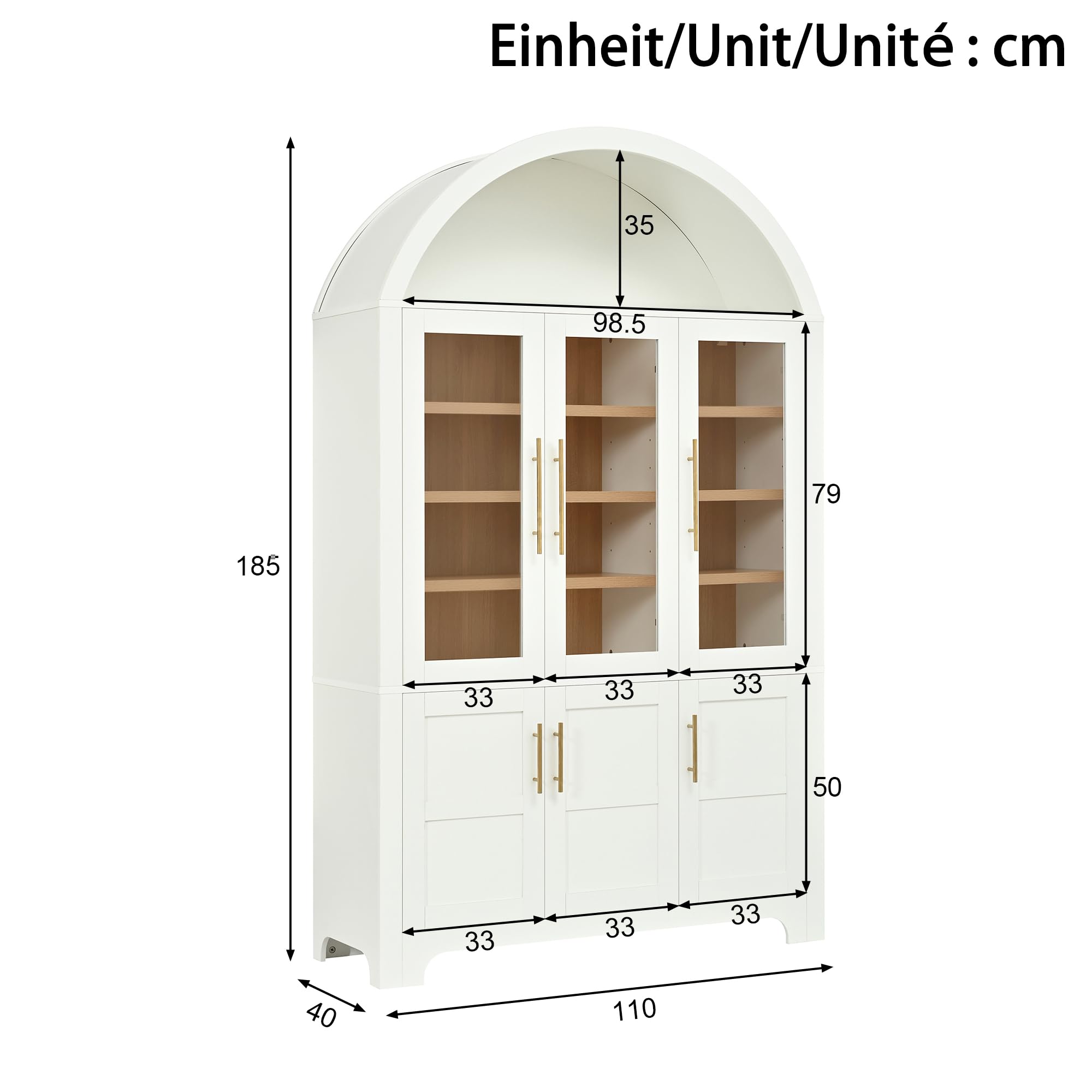 Credenza moderna verticale, PB+MDF, nicchia ad arco superiore, 3 vetrine in vetro, 3 scomparti chiusi, ripiani regolabili, maniglie in alluminio, armadio multifunzione per la casa, bianco