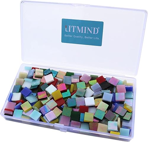 Miniatura 6 de LITMIND Mosaico cuadrado de vidrio iridiscente para manualidades, piezas precortadas de 0.4 x 0.4 pulgadas, piezas de vidrieras de colores mixtos,