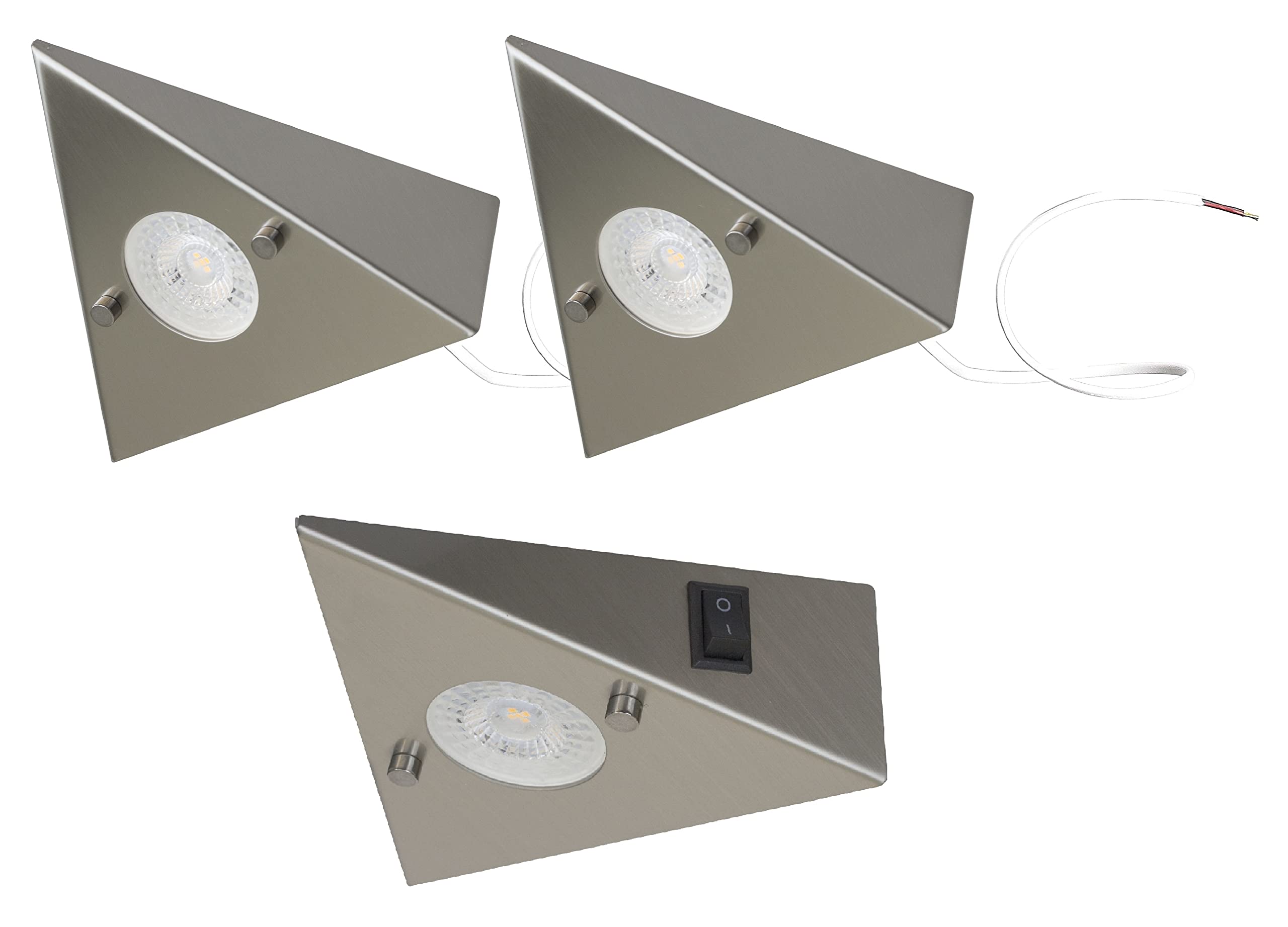 Trango 3er Set 6739-32 Küchenunterbauleuchte inkl. 3x 4.8 Watt LED Modul 3000K warmweiß ON/OFF Schalter *COOK* Edelstahl Einbauleuchte, Einbaustrahler, Dreieckleuchte, Schrankleuchte, Küchenleuchte