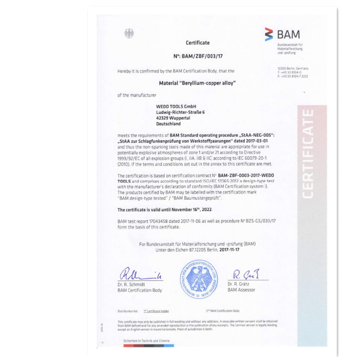 WEDO Raschietto antiscintilla con lama dritta e manico confortevole, strumento di sicurezza senza scintille, rame al berillio, non magnetico, standard DIN, certificato BAM e FM, lunghezza 902 mm