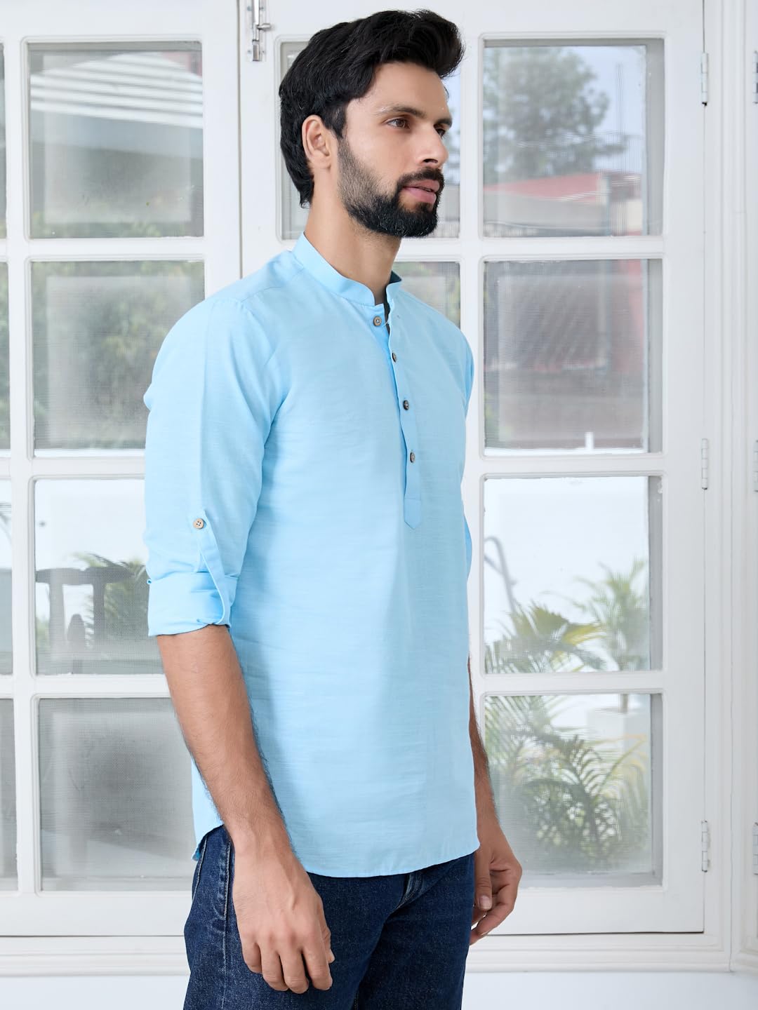 See Designs Men's Roll-Up Sleeve Mandarin Collar Light Blue Solid Cotton Short Kurta - Sdkt2983L