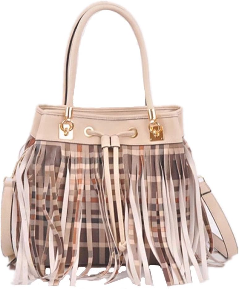 Checkered Stripes Print Fringe Drawstring Shoulder Bucket
