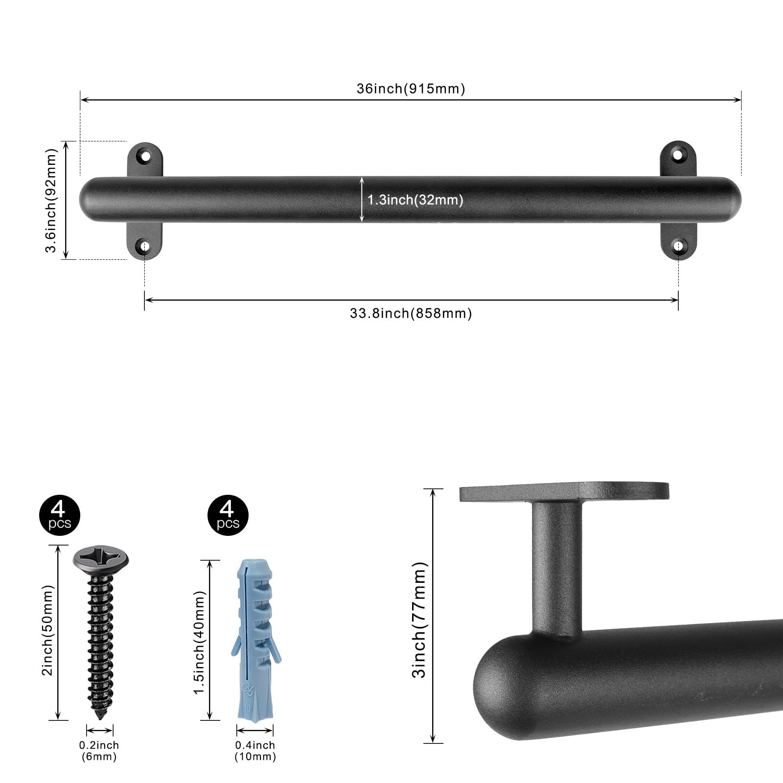 Dolibest Pasamanos de metal de montaje en pared de 36 pulgadas, pasamanos de escalera, mango de seguridad antideslizante, barra de agarre de escalera sin barreras para ancianos, uso en interiores y
