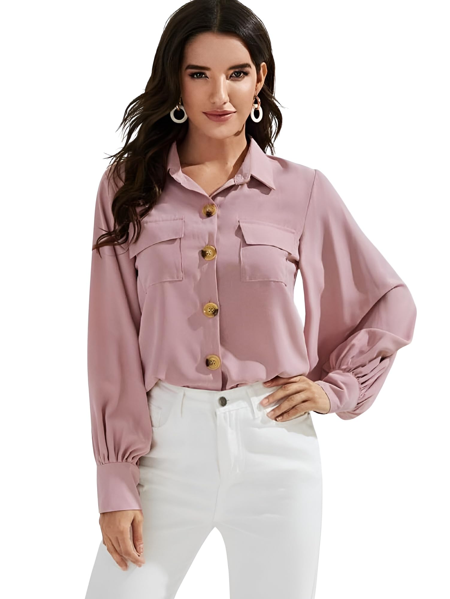 MIZAGOWomen's Solid Regular Fit Button Down Double Pocket Shirt