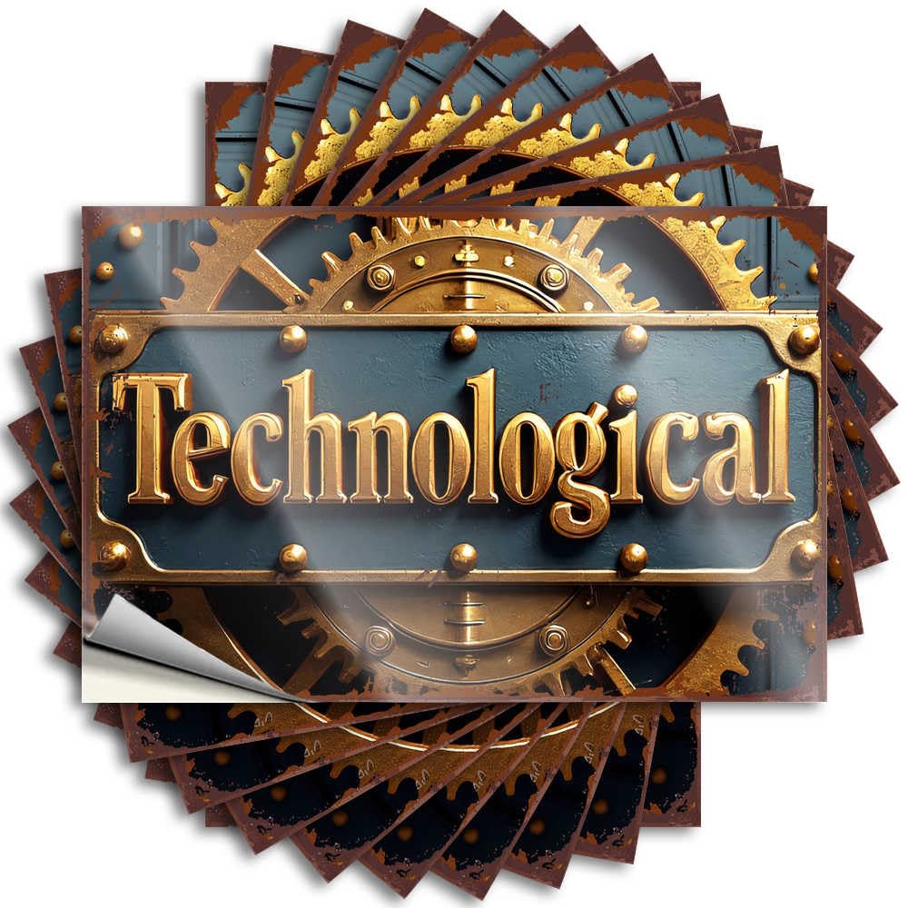 Lettering Sticker Tiki | Cats Bottle Golden Gear Wheels Surrounding Technological Signage for Essentials(8X12CM)